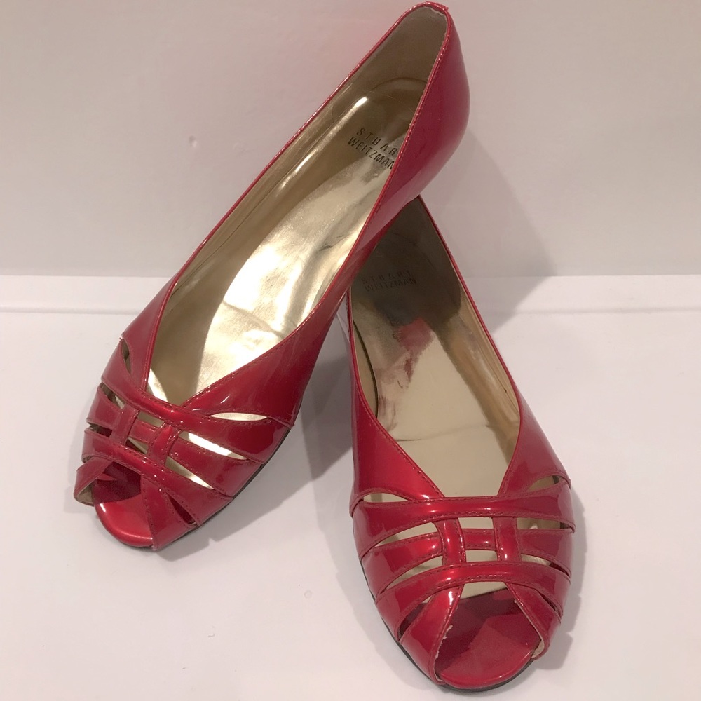 Stuart Weitzman ruby red patent leather open toe flats 7.5